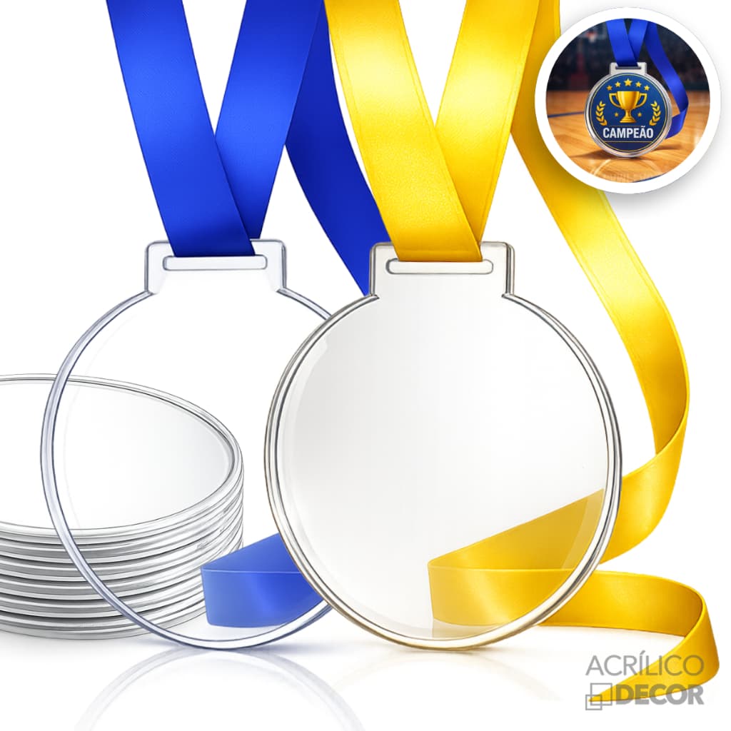 Medalha 7cm 2mm Com Fita Azul KIT 30 UN (Acrílico Cristal 2mm)
